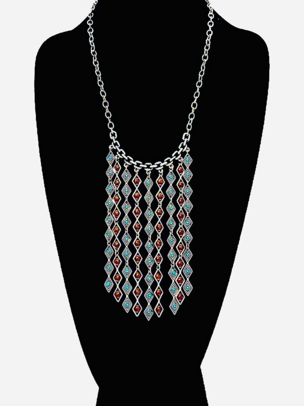 PREMIER Reversible Western Turquoise Silver Fringe Statement Necklace | NWT